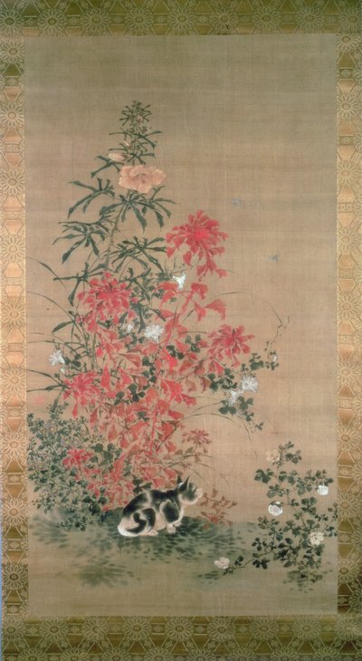 Cat Amongst Flowers by Japanese School